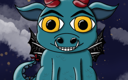 Comicfigur Samy, der kleine Dämon, vor einem wolkigen Nachthimmel