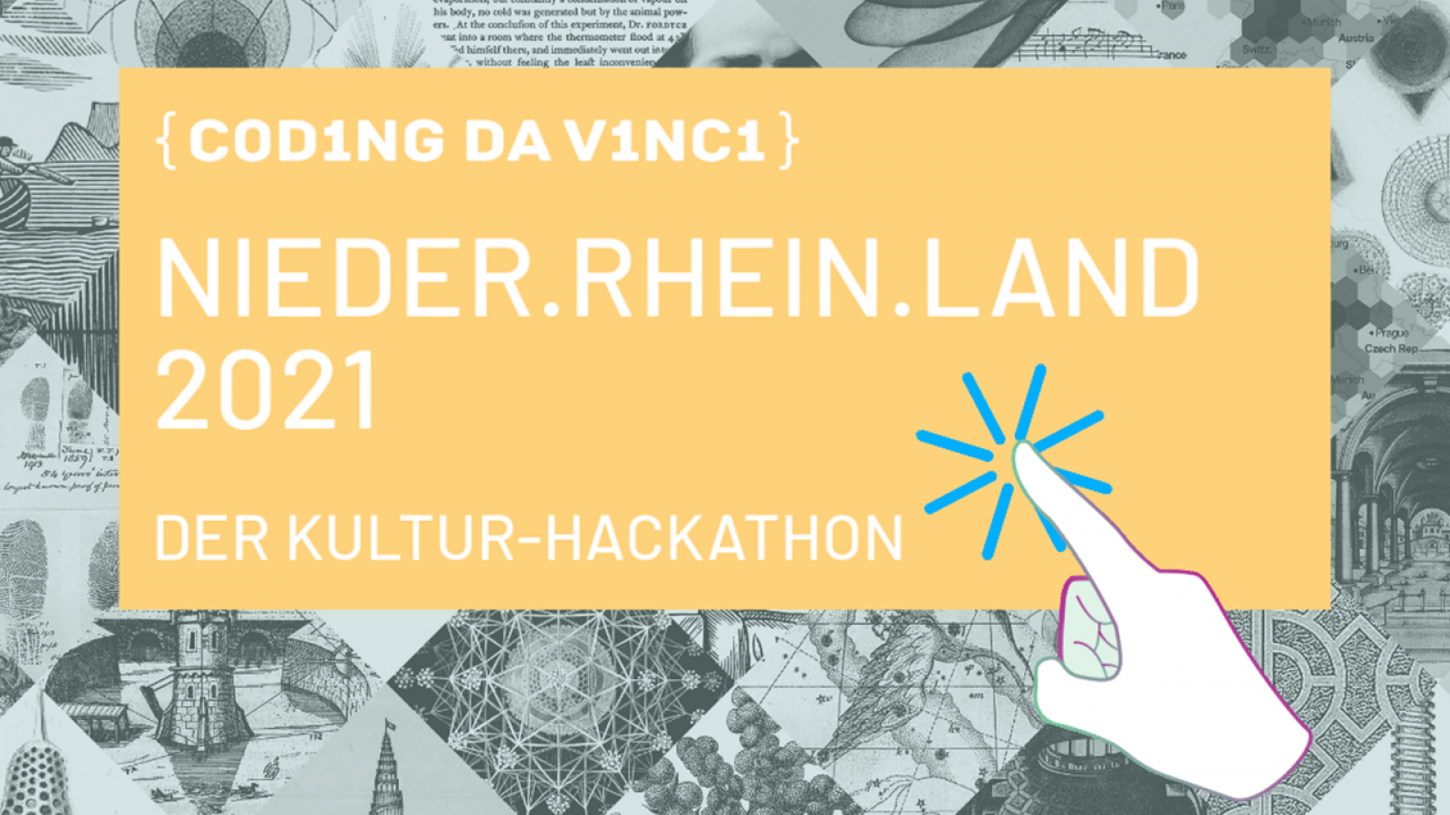 Logo von Coding da Vinci Nieder.Rhein.Land 2021 mit einer gezeichneten Hand, die mit ausgestrecktem Zeigefinger auf das Logo tippt