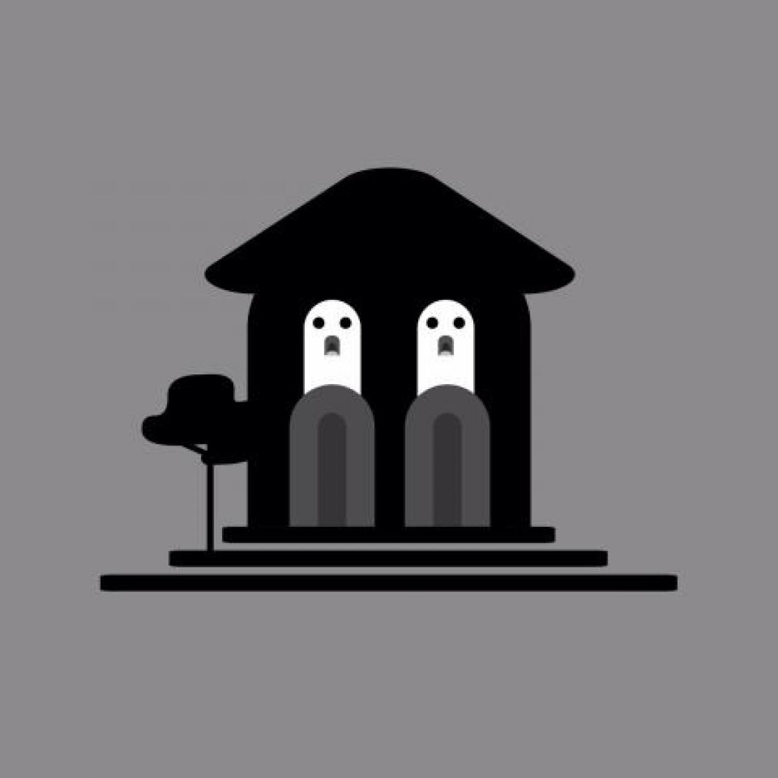 Symbolbild des Spiels "Majorelle Mystery": Stilisierte Darstellung der Villa Majorelle mit zwei Geistern anstelle der Fenster