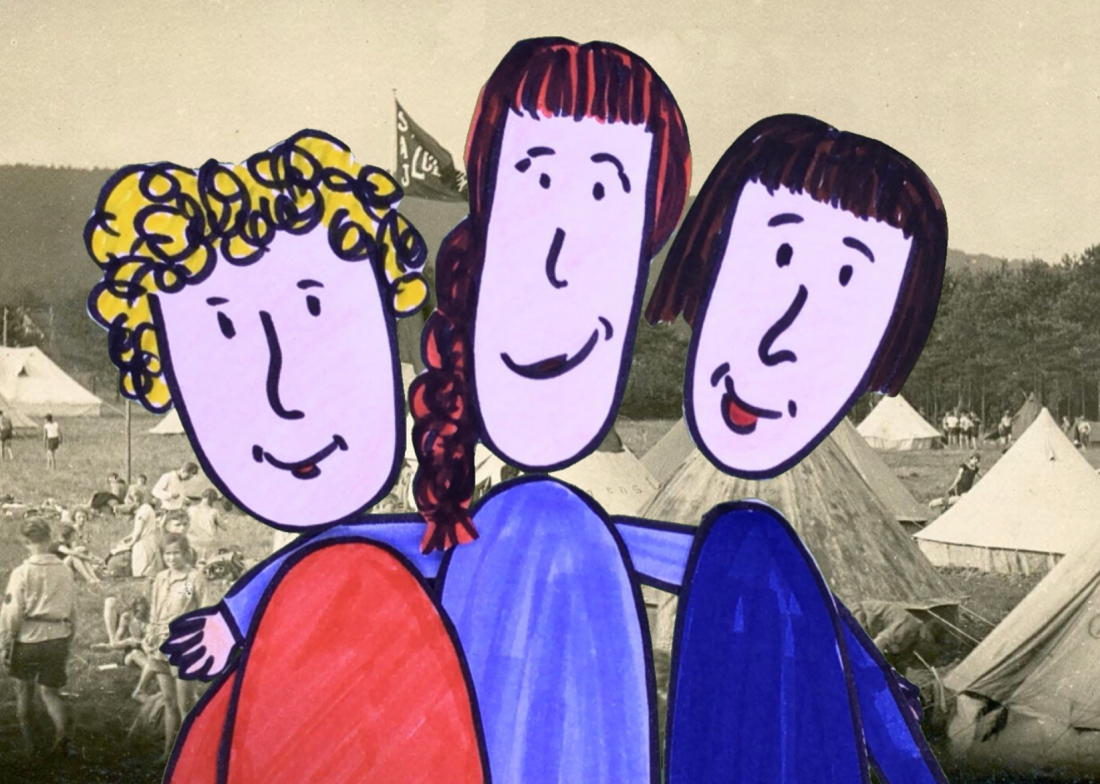 Die kindlich gezeichneten Spielfiguren Karl, Gerda und Anna gemeinsam im Portrait