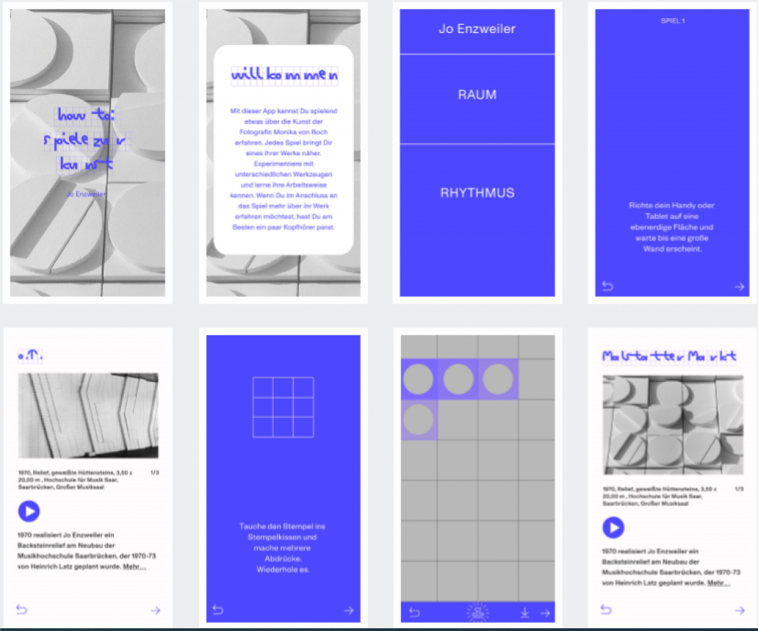 Darstellung von acht Smartphone-Bildschirmen im lila-grauen Design der How-to-App.
