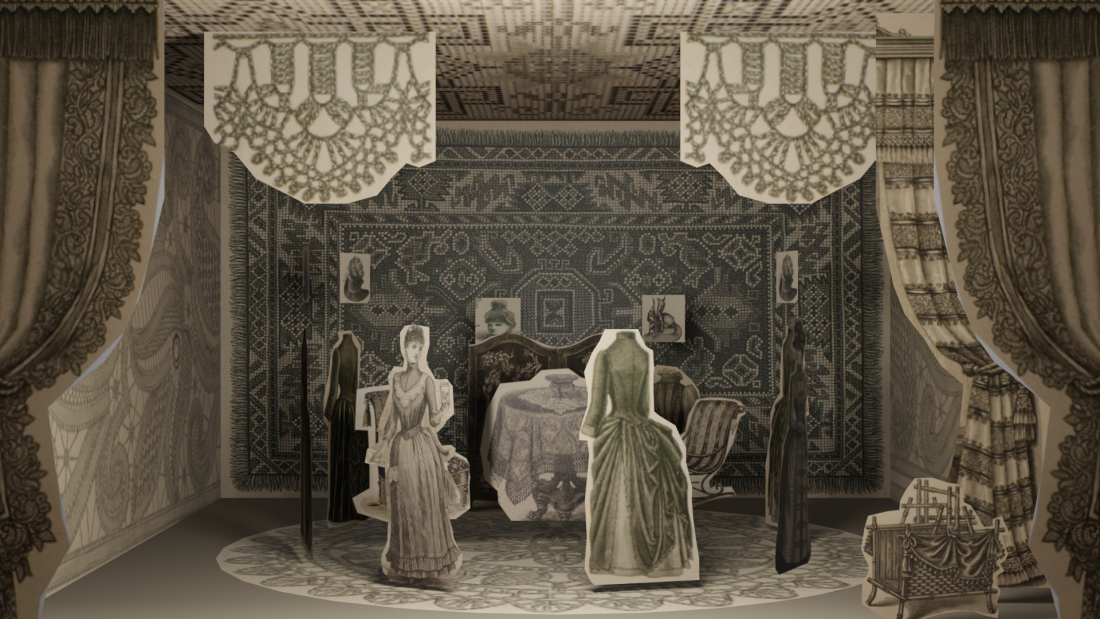 Historisches Papiertheater mit Moden und Möbeln des 19. Jahrhunderts