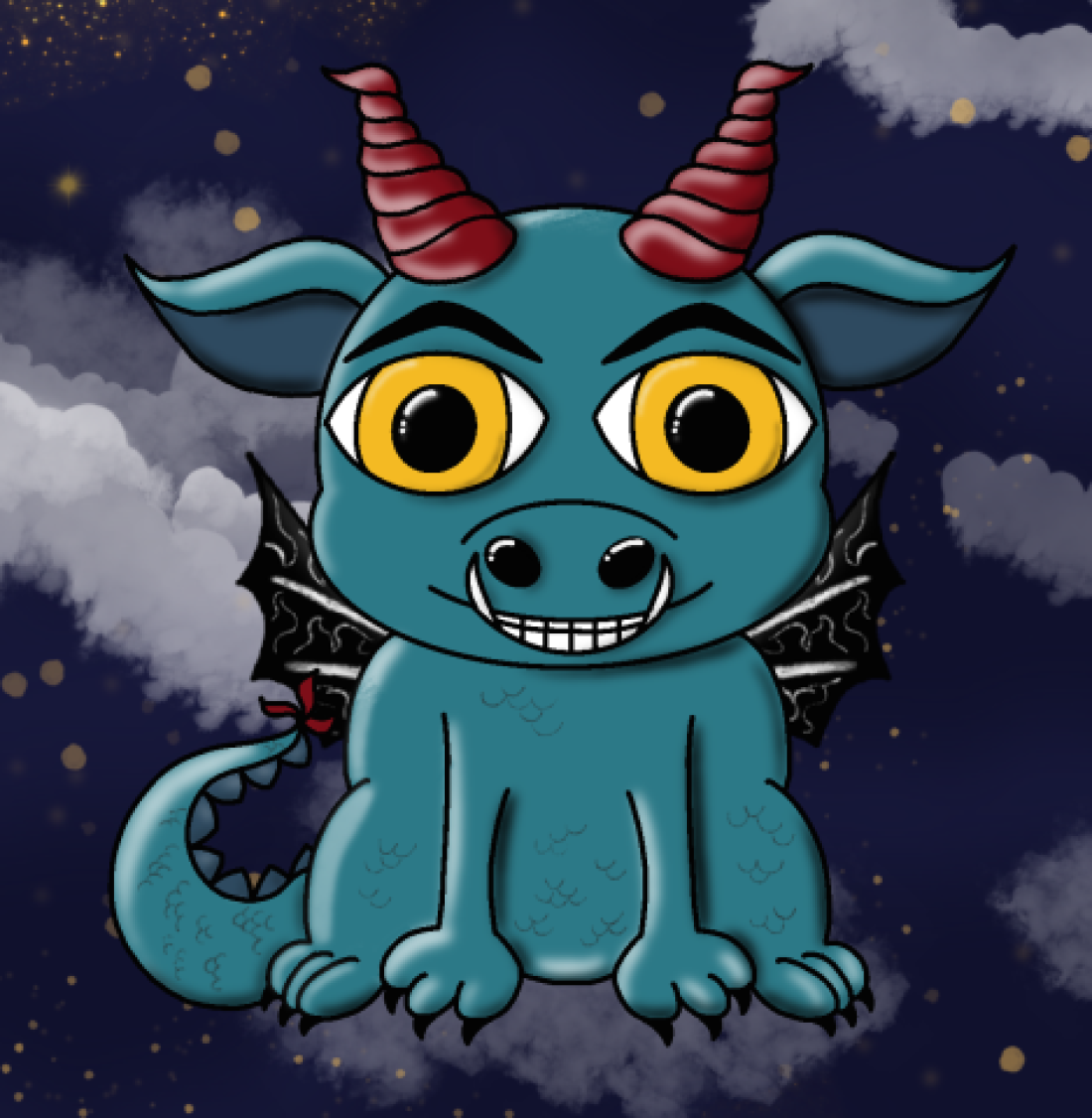 Comicfigur Samy, der kleine Dämon, vor einem wolkigen Nachthimmel