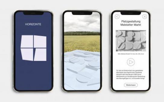 Drei Bildschirme von Smartphones zeigen unterschiedliche Ansichten der App "Horizonte"