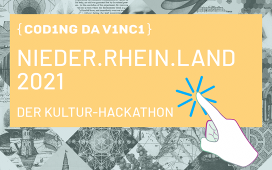 Logo von Coding da Vinci Nieder.Rhein.Land 2021 mit einer gezeichneten Hand, die mit ausgestrecktem Zeigefinger auf das Logo tippt