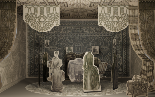 Historisches Papiertheater mit Moden und Möbeln des 19. Jahrhunderts